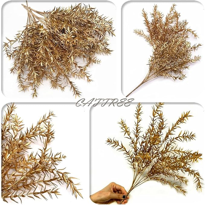 CATTREE Artificial Plants for Christmas, Faux Grass Shrubs Fake Sharp Leaves Gold 3 Pack, Simulation Leaf Bushes for Home Indoor Outdoor Garden Wedding Decoration Hall Table Planter Filler