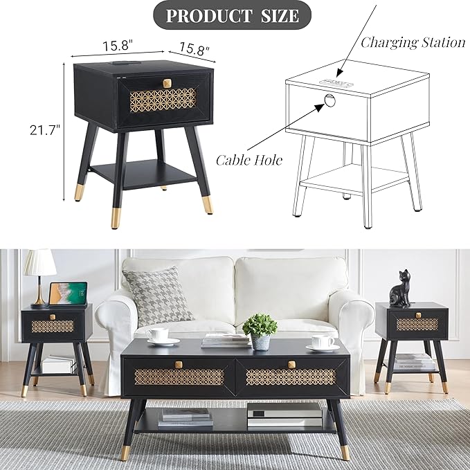 Mid Century Modern End Table with Charging Station - Small Side Table Nightstand with USB Ports & Outlets, Storage Drawer & Open Shelf, Black Wood Furniture for Living Room, Bedroom, Office