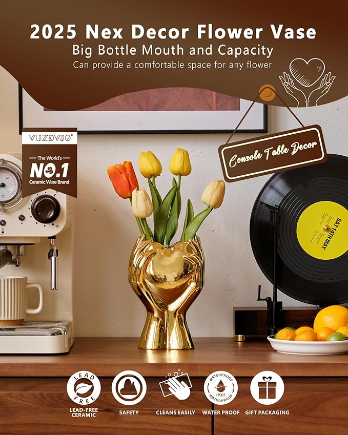 8" Heart Hand Gold Ceramic Vase - Unique Modern Aesthetic Flowers Vase for Living Room Bedroom Office Kitchen Table Centerpiece or Shelf Decor-Gifts for Wedding Bridal Shower Women Mom (Gold)