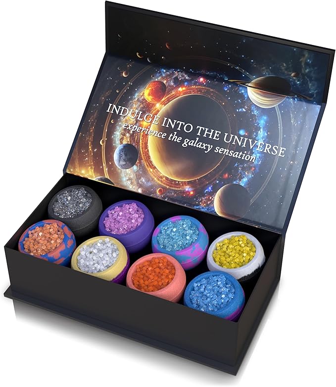 Cosmic Crystal Bath Bombs / 8 x 2.12 Ounces Handmade Bubble Bath Gift Set/Epsom Bath Salt/Vegan & Cruelty-Free/Luxury Spa Gift for Men, Women and Kids