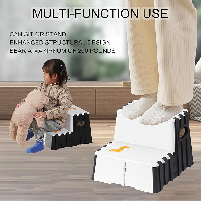 Toddler Step Stool,Anti-Slip Sturdy 2 Step Folding Stools for Kids for Bathroom Toilet Potty Training(Black and White)