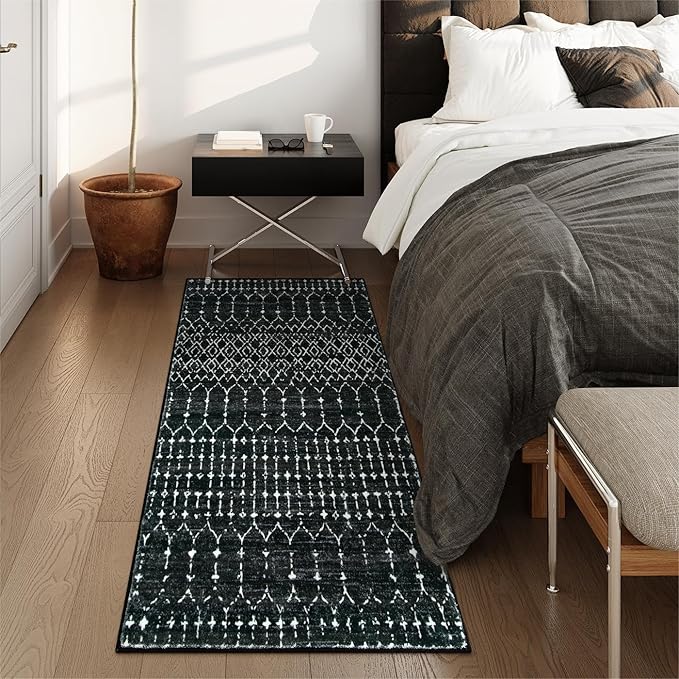 Lahome Moroccan Black Area Rug - Non-Slip Low-Pile Washable Entryway Rug Kitchen Bath Mat 2'x4' Geometric Print Carpet for Hallway Bedroom