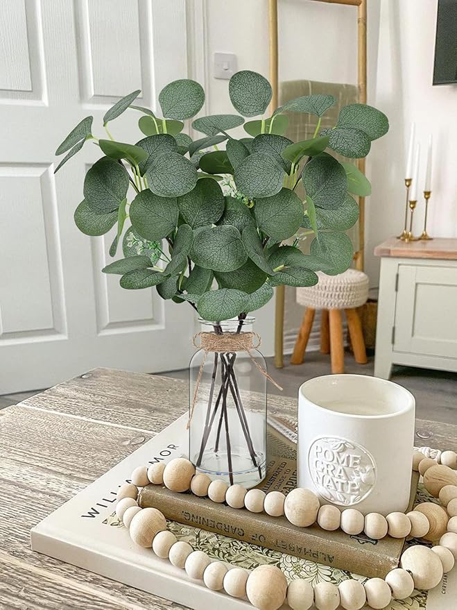 Artificial Eucalyptus Stems in Glass Vase 14" 6Pcs Faux Eucalyptus Branches Home Table Decor Fake Greenery Plants Stems for Farmhouse Wedding Centerpiece Bathroom Decorations
