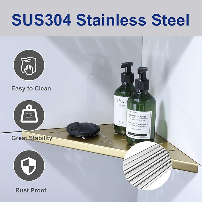 12" Corner Shower Shelf, 2-Pack Shower Shelves SUS304 Stainless Steel Bathroom Shelves for Tile Walls, Recessed Corner Shelf Organizer Rack, No Drilling (Brushed Gold)