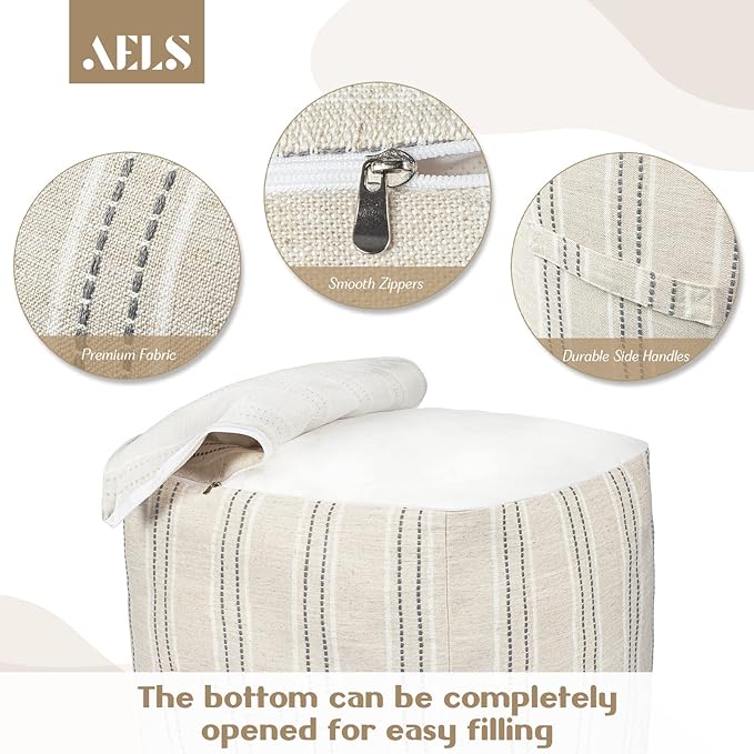 AELS Unstuffed Farmhouse Pouf Cover for Living Room, Boho Storage Bean Bag Cubes, Beige with Gray Stitch Yarn Dyed Stripe Linen Square Ottoman Pouf Foot Rest Footstool, 18"x18"x18", Cover ONLY