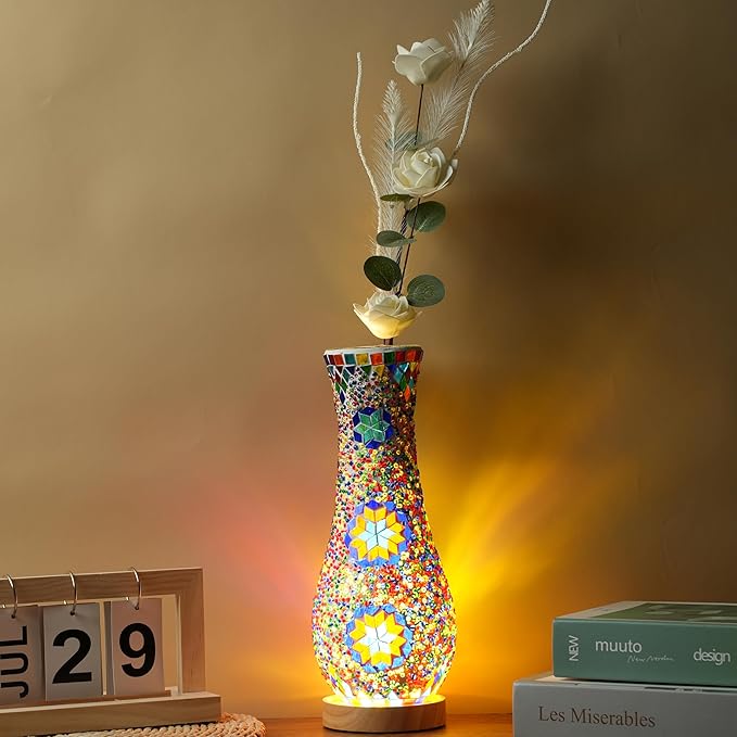 Turkish Moroccan Table Lamp, Mosaic Vase Lamp, Colorful Handmade Glass, Decorative Water-Fillable, Three-Color Light, Fit for Ambient Living Room Farmhouse