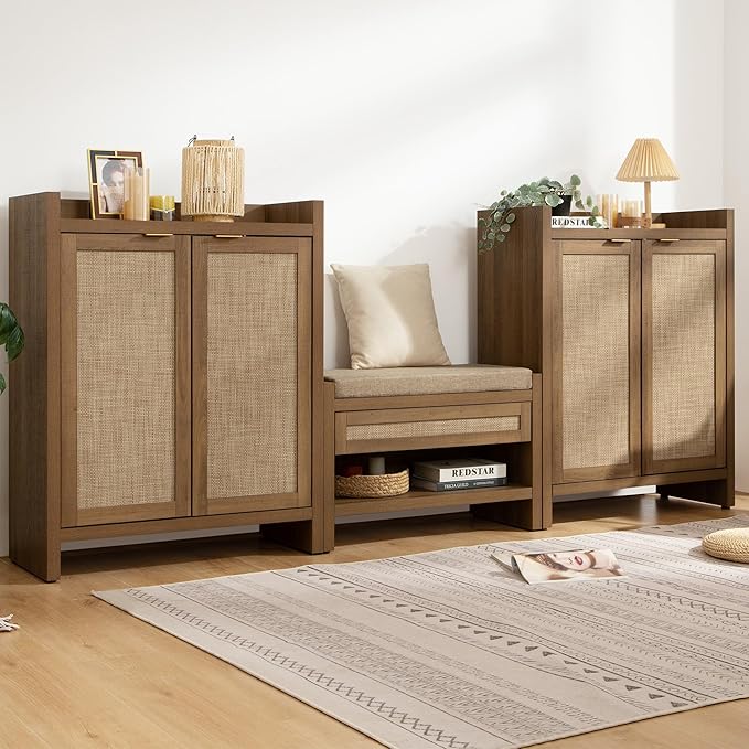 SICOTAS Shoe Cabinet Set of 3, Large Capacity Shoe Storage Organizer Cabinet, Tall Rattan Shoe Cabinet with Doors and Shelves, 6-Tier Farmhouse Boho Wooden Storage Cabinet for Entryway Hallway