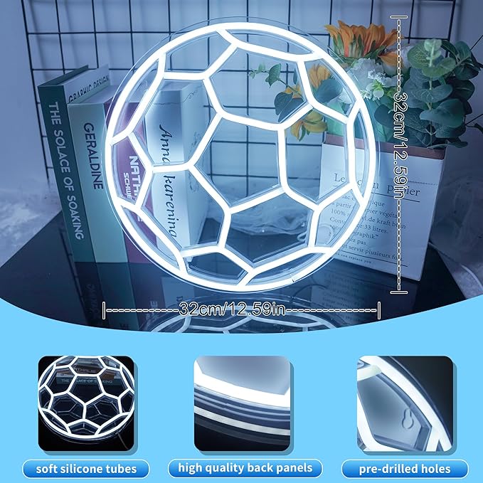 YSMNDE Soccer Neon Sign for Bedroom, Dimmable Soccer LED Signs for Wall Decor, Powered by USB Football Neon LED Light for Boys Room Birthday Party Kids Holiday Gifts,12'' X 12''