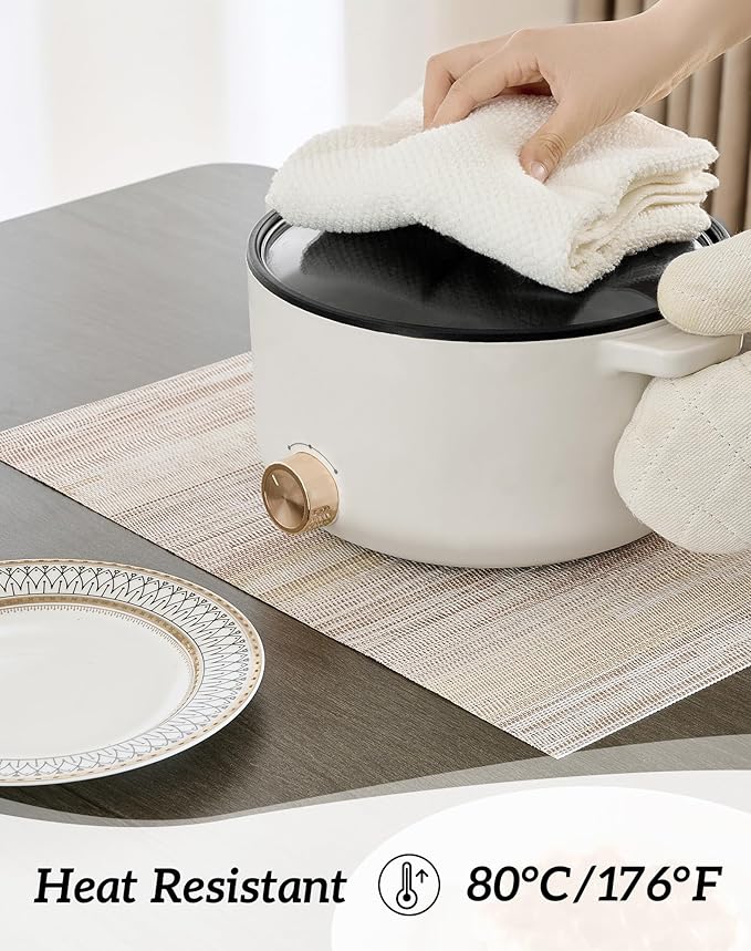 Leetaltree Lightsteel Beige with Yellow Placemats Set of 8 - Heat Resistant Non-Slip Place mats for Dining Table, Washable Durable PVC Vinyl Woven Table Mats (Lightsteel Beige with Yellow, 8)