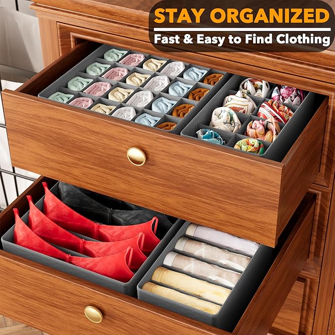 SpaceAid Underwear Drawer Organizer, 4 Pack Dresser Organizer Bins for Nursery, Closet Organization and Storage with Dividers for Baby Clothes Socks Bra Ties Scarf (Grey)
