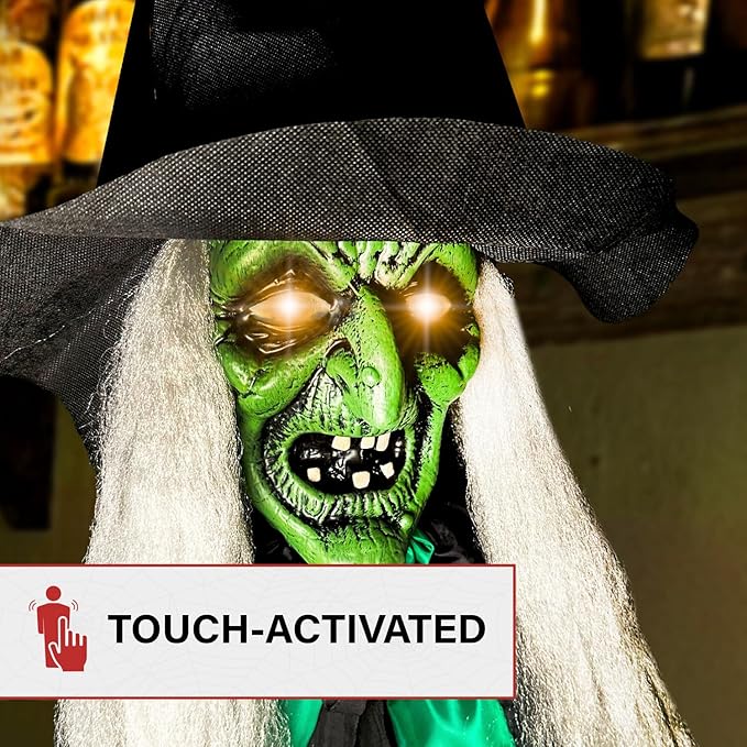 Haunted Hill Farm Lifesize Scary Talking Witch Prop with Cauldron and Broom with Touch Activated Lights and Sound, Battery-Operated Indoor or Covered Outdoor Halloween Decoration