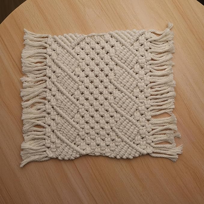 Handmade Cotton Woven Crochet Placemat with Tassels, 10 x12 Inches Small Place Mat for Bohemian Wedding Décor, Boho Table Mat for Farmhouse, Rustic Décor for Dining Table, Beige