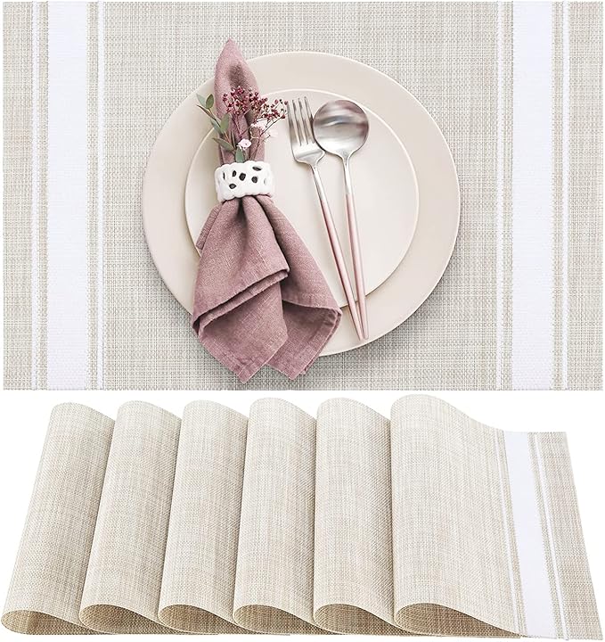DACHUI Placemats Set of 6, Soft & Elegant Woven Vinyl Place Mats, Water Resistant, Heat Resistant, Washable, Durable Table Mats (White Stripes)