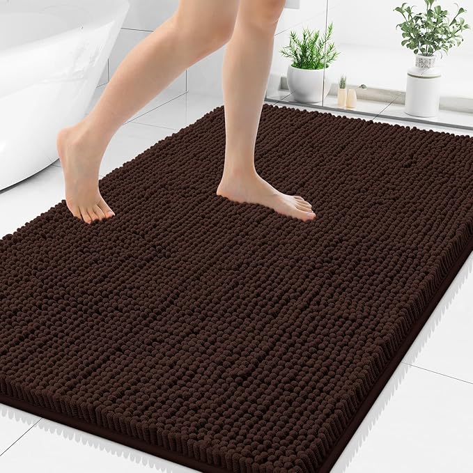 Smiry Luxury Chenille Bathroom Rugs 48x32, Extra Soft and Absorbent Shaggy Bath Mat, Machine Washable, Non-Slip Plush Carpet Runner for Tub, Shower, and Floor, Home Decor Accessories, Brown