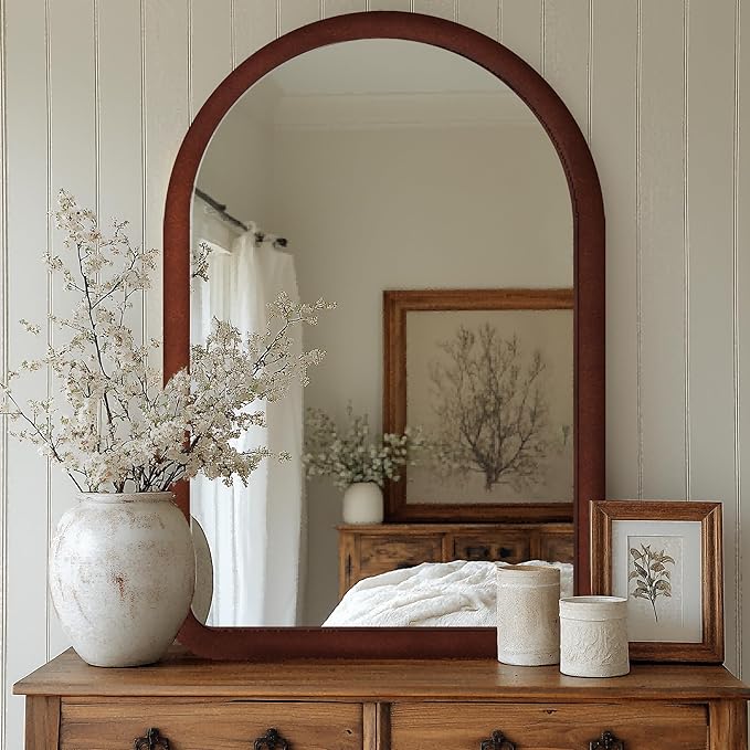 36"x24" Arched Bathroom Mirror, Wall Mounted Vanity Plush Flannel Frame Mirror for Bedroom, Entryway, Living Room, Dark Brown
