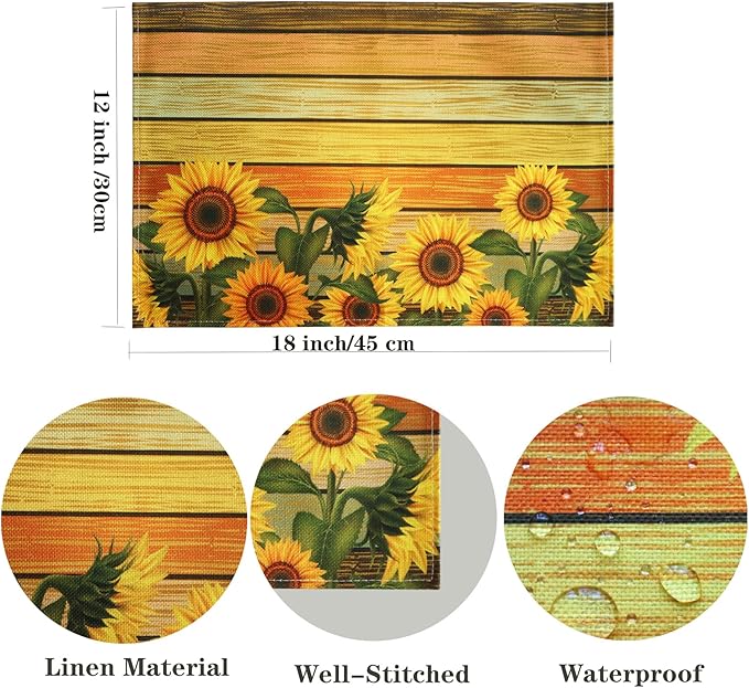Sunflower Table Placemats Set of 4 - Heat Resistant Washable Wipeable Linen Fabric Rectangle Place Mats Table Mats for Kitchen Dining Dinner- 18 X 12 Inch, Yellow