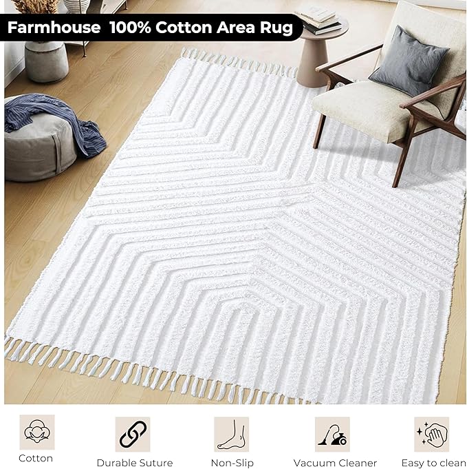 Boho Rugs for Living Room 4x6, Farmhouse Cotton Area Rug for Bedroom, Washable Tufted Indoor Floor Carpet for Kitchen Dorm Office Dining Room Office Home Decor, White