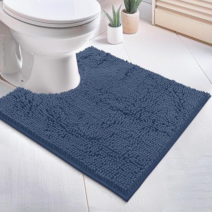 Bathroom Rugs Sets 2 Piece, Luxury Chenille Bath Mat Set, Soft Plush Anti-Slip Bath Rug + U-Shaped Toilet Mat. Microfiber Shaggy Carpet, Super Absorbent (24” x 36” & 20” x 24” U, Medium Blue)