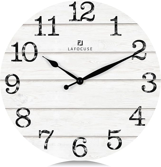 Lafocuse 12 Inch Silent White Wall Clocks for Kitchen Living Room Decor, Wooden Rustic Wall Clock Battery Operated, Decorative Farmhouse Clock