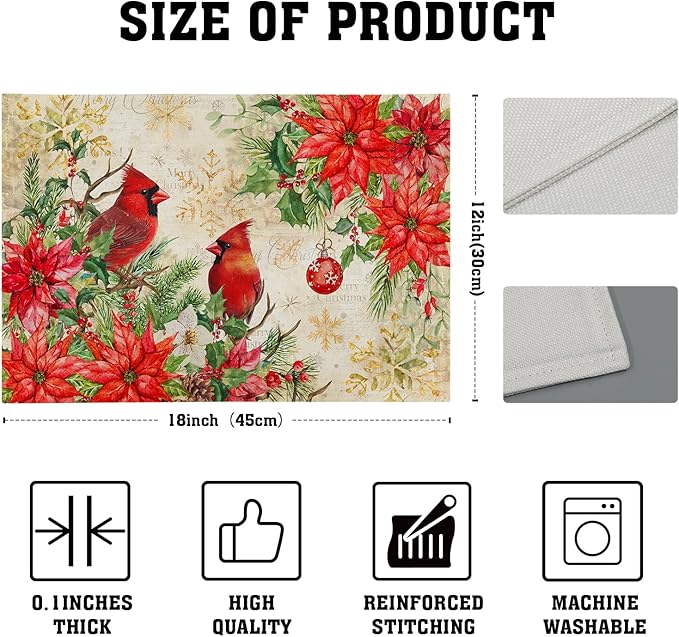 Winter Red Birds Placemats Set of 4 Xmas Holly Berry Pine Cones Place Mat for Kitchen Dining Decor 12 x 18 Inch Watercolor Poinsettias Linen Fabric Table Mats for Home Holiday Seasonal Party
