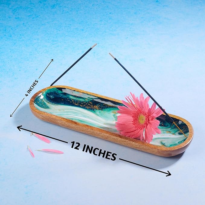 Folkulture Incense Holder or Incense Burner, Incense Holder for Sticks or Wooden Incense Tray for Sticks, Modern Insence-Stick Holder, Ash Catcher, Mango Wood, Set of 2, Blue and Green Agate