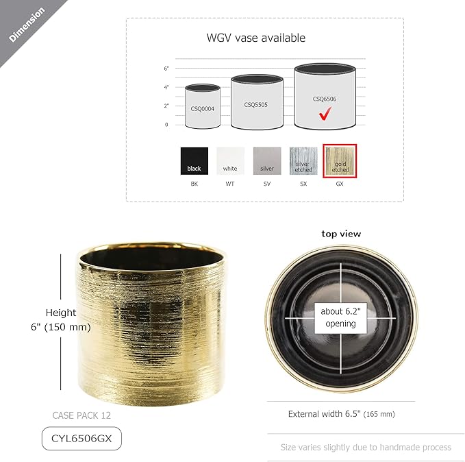 WGVI Gold Etched Ceramic Cylinder Vase Width 6.5" Height 6", Flower Arrangements, Candle Holder, Terrarium Planter Pot, Storage Container Organizer, Pen Brush Holder, Scratched Texture Design, 6 Pc