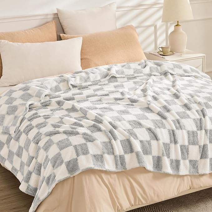 EMME Checkered Blanket Twin Size - 60"x80" Grey Knit Blanket Soft Fluffy Patterned Throw Blankets for Couch, Sofa, Chair, Bed, Camping, Picnic, Travel