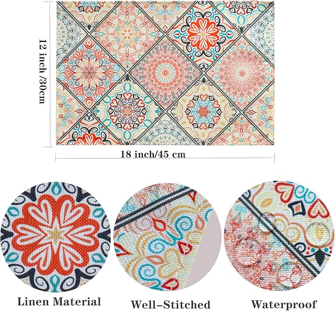 Table Placemats Set of 4 Boho Place Mats Linen Wipeable Placemats Heat Resistant Washable Placemats Fabric Waterproof Rectangle Table Mat for Kitchen Dining Dinner 18 X 12 Inch, Boho