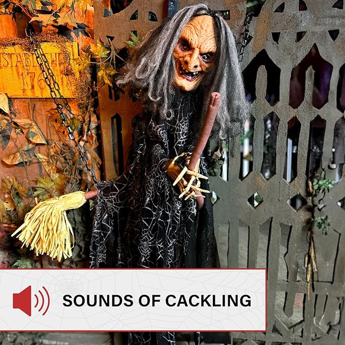 Haunted Hill Farm Animatronic Scary Witch Door Greeter with Touch Activated Lights and Sound, Battery-Operated Indoor or Covered Outdoor Halloween Decoration