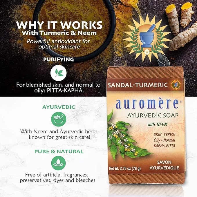 Auromere Ayurvedic Bar Soap, Sandal Turmeric - Eco Friendly, Handmade, Vegan, Cruelty Free, Natural, Non GMO (2.75 oz), 4 pack