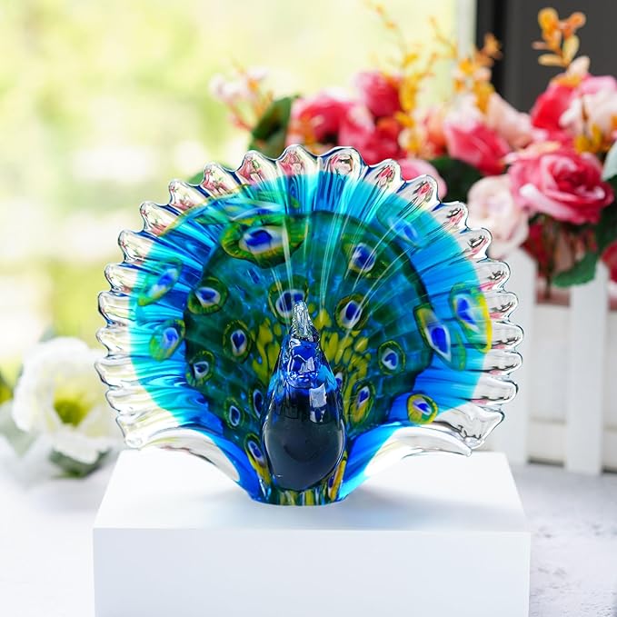 Crystalsuncatcher Hand Blown Colorful Peacock Art Glass Table Top Sculpture Room Decor (Peacock)