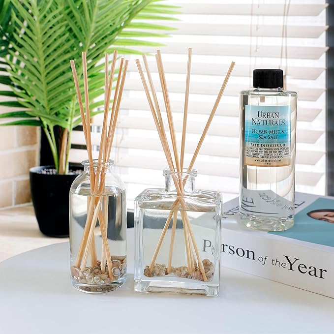 Urban Naturals Ocean Mist & Sea Salt Reed Diffuser Set – Made with Essential Oils & Real Botanicals – Sleek Rectangular Refillable Glass Bottle – Made in The USA