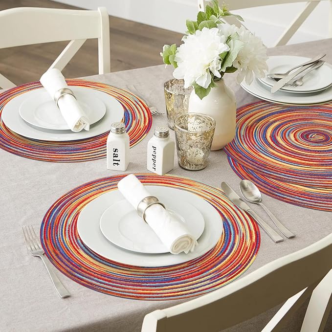 SHACOS Round Braided Placemats Set of 4 Variegated Colorful Placemats for Dining Tables Holiday Party Decor (Rainbow Red, 4)