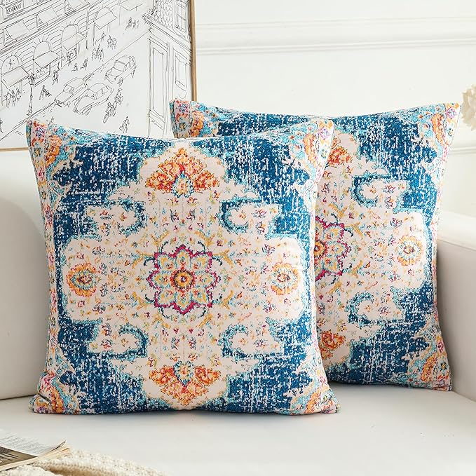 Boho Throw Pillow Covers 16x16 inch Set of 2,Boho Vintage Carpet Pattern Antique Ethnic Decor Double Sided Pattern Cushion Cover Soft Pillow Case Living Sofa Room Bed Square Pillow Cover