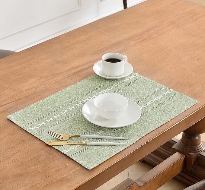 Wracra Cotton Linen Placemats, 12 x 18 Inch Set of 4 Fete Placemats Rustic Hemstitch Place Mats for Kitchen Table and Heat Resistant-Sage Green