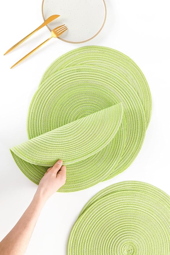 Floroom 15 Inch Round Braided Placemats Set of 4, Washable Heat Resistant Cotton Polyester Circle Place Mats for Kitchen Dining Table - Spring Green