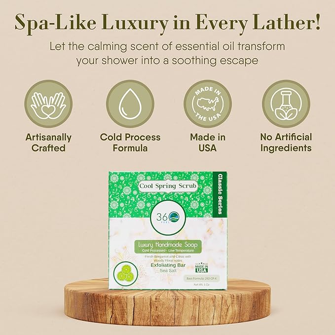 360Feel Cool Spring Scrub Soap - Handcrafted Castile Natural Soap Bar with Soothing Scent - Handmade with Essential Oils - Ideal Gift for Anniversaries, Weddings and Stockings - Rich Lather - 5 Ounce
