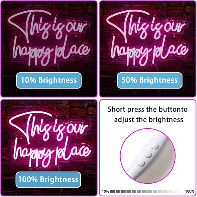 NOSUN This is Our Happy Place Neon Sign Pink Neon Signs for Wall Decor Pink Neon Light Sign with Dimmable Letter Neon Signs for Bedroom Bar Party Club Home Wedding Birthday Party LED Neon Decorations