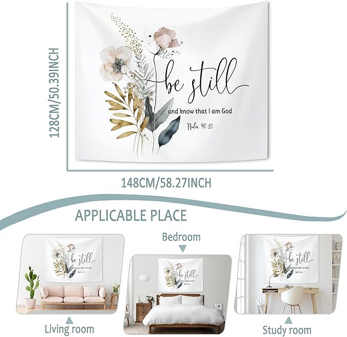 KAIOUS Bible Verse Christian Tapestry,Be Still and Know That I Am God Christian Bible Scripture Tapestry Wall Hanging Art Aesthetic Decor for Bedroom Living Room Dorm Bed Women Men 50x58 Inches