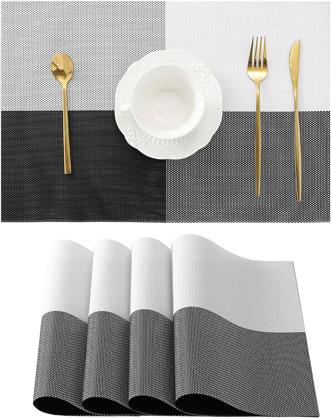 Leetaltree Gray with White Grid Pattern Placemats Set of 4 - Heat Resistant Non-Slip Place mats for Dining Table, Washable Durable PVC Vinyl Woven Table Mats(Grey Grid, 4)