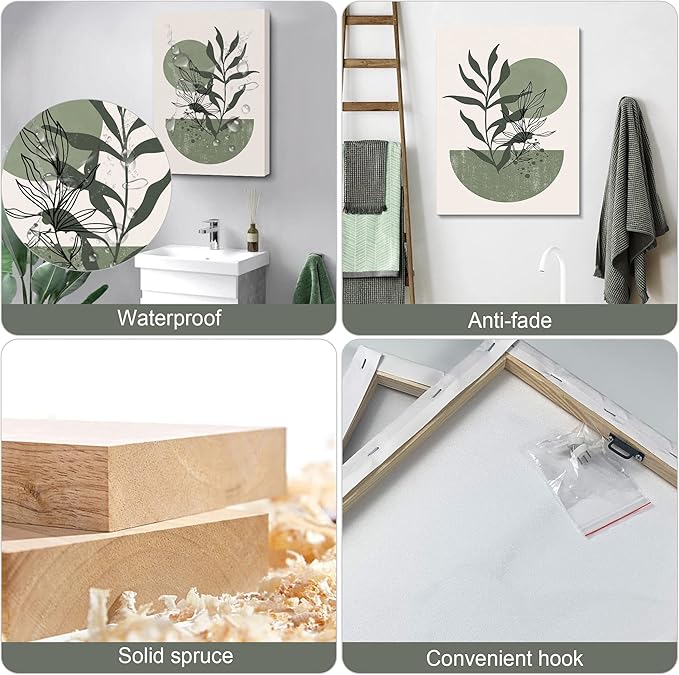Sage Green Wall Posters & Prints, Green Boho Wall Art Set of 3, Minimalist Framed Wall Art Geometric Line Leaf Sun Moon Beige Green Canvas Artwork Paintings