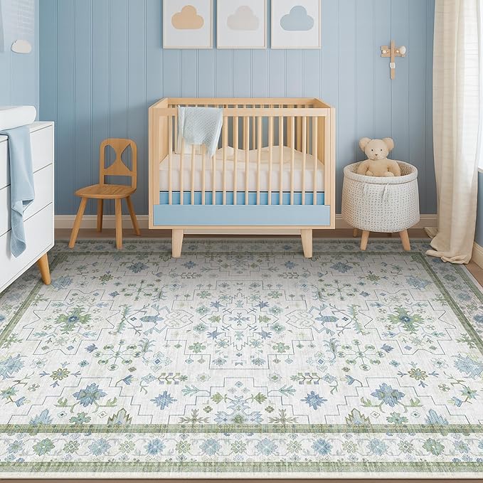 Oushak Area Rug for Bedroom 5x7 - Blue and Green Vintage Boho Floral Geometric, Washable Low Pile Non Slip Area Rugs for Nursery Room, Foyer, Cozy Aesthetic Room Decor