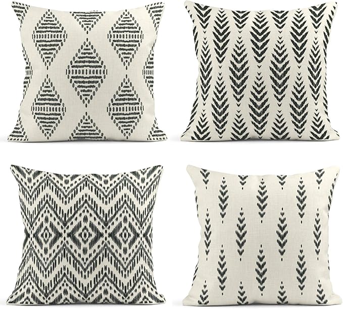 ArtSocket Set of 4 Throw Pillow Covers Ikat Tribal and Boho Bohemian Black Ethnic Herringbone for Ideas Decor Linen Outdoor Pillow Cases Home Decorative Square 18x18 Inches Pillowcases