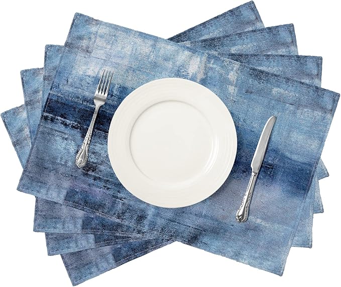 Blue and Grey Placemats Set of 4 Modern Abstract Art Placemats Heat Resistant Non-Slip Artwork Dining Placemats Washable Table Mats for Home Kitchen (Blue and Grey, 18"X12")
