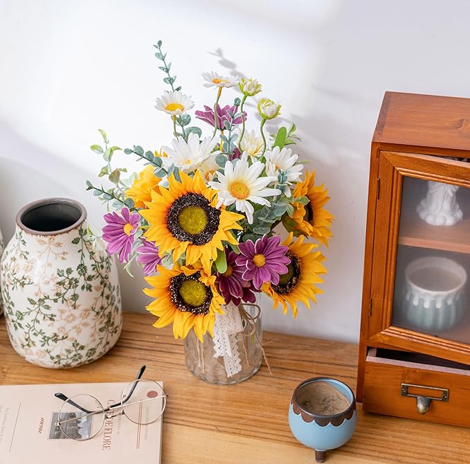 LUEUR Artificial Faux Flowers in Vase for Home, Fake Flowers Arrangment with Pot, Sunflower Silk Daisy Bouquet for Fall Spring Decor Coffee Table Dinning Room Kitchen Centerpiece Table Decorations