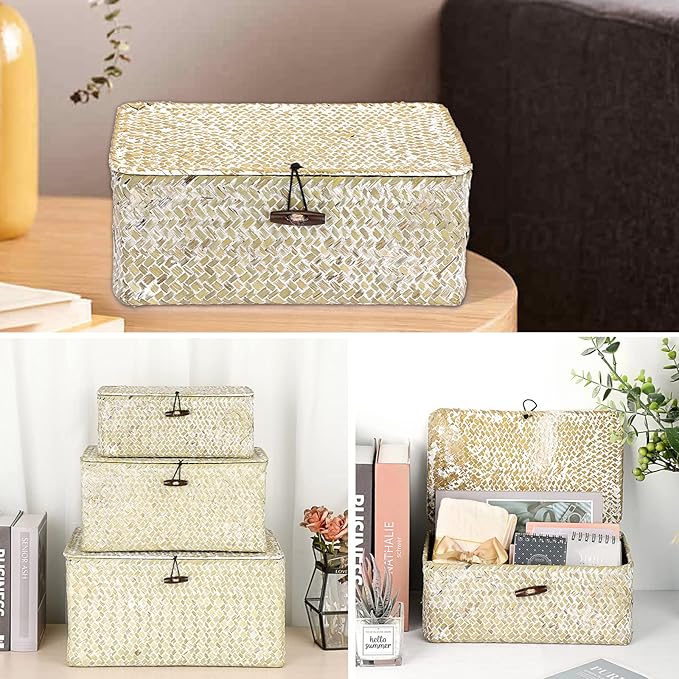 Hipiwe Wicker Shelf Baskets Bin with Lid Natural Seagrass Basket Storage Boxes Small Woven Basket Multipurpose Home Organizer Bins Box for Shelf Closet Bedroom Living Room Home Decor, Whitewash