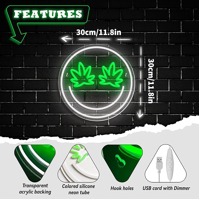 Green Leaf Eyes Neon Signs Smile Face LED Neon Lights Signs for Wall Decor,USB Powered Led Signs for Game Room Beer Bar Man Cave Club Pub Party Decor