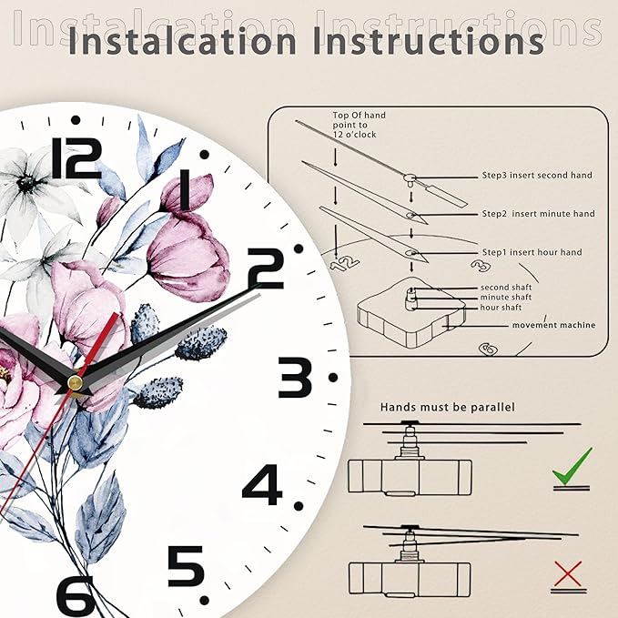 Clock for Living Room, Watercolor Floral Wall Clock, Contemporary Home Decor Easy to Read Wall Clock for Living Room, Bedroom, Bathroom and Kitchen, 10 Inch