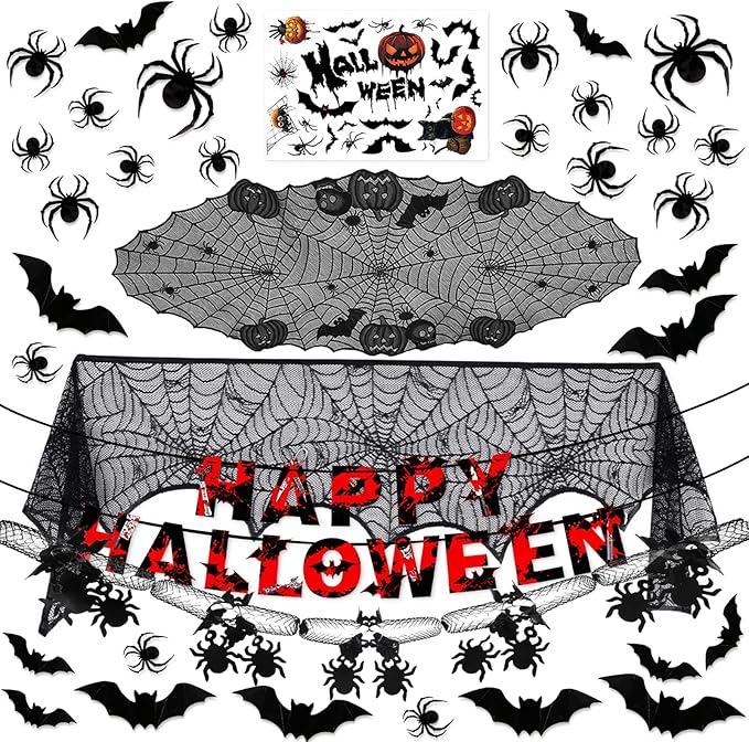 Indoor/Outdoor Halloween Decor Set - Mantel Scarf, Pumpkin Spider Table Runner, Window Stickers, 3d Bats & Spiders, Happy Halloween Banner, Spiders Hanging Garland
