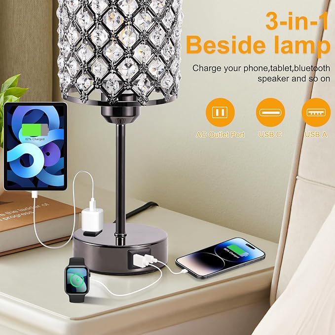 Hong-in Black Table Lamps Set of 2-3-Way Dimmable Nightstand Desk Lamp with USB C and A Ports and AC Outlet,Modern Bedside Table Light for Bedroom(Bulbs Included)